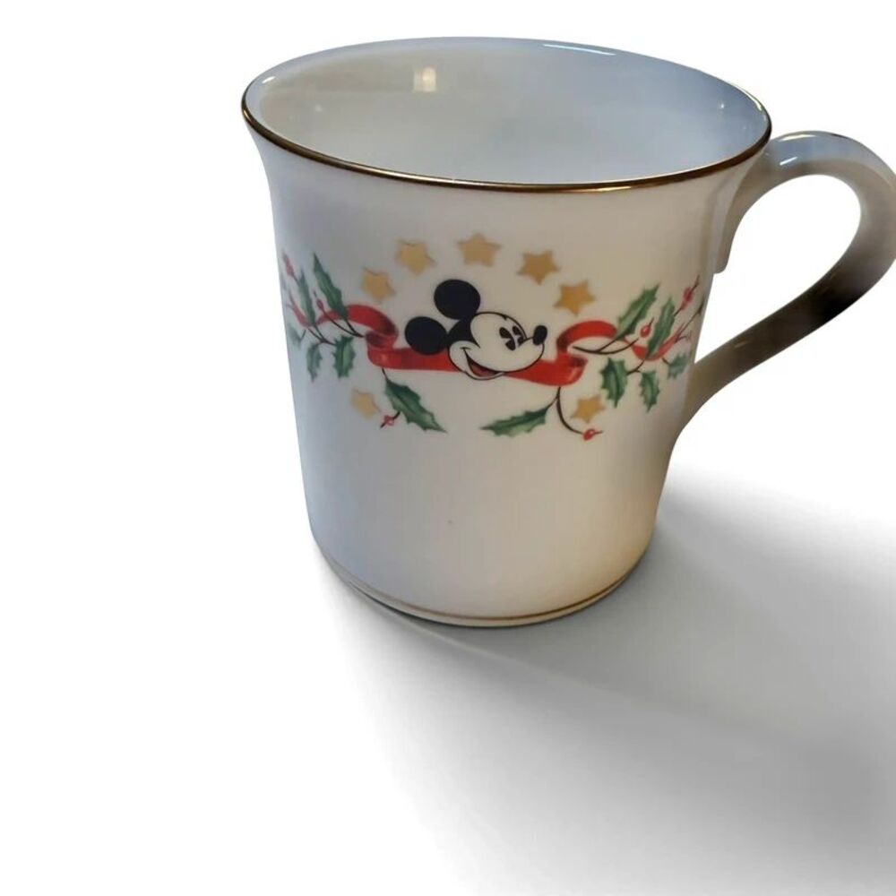 Vintage Lenox Fine Ivory China Mickey Mouse Christmas Mug Holly & Ribbon
